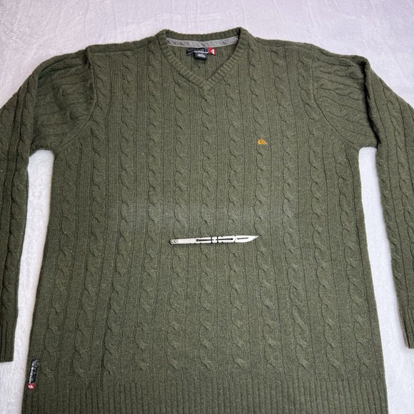 Quicksilver Sweater Large Men's Green Pullover V Neck Cable Knit - Lambs Wool - Picture 15 of 15